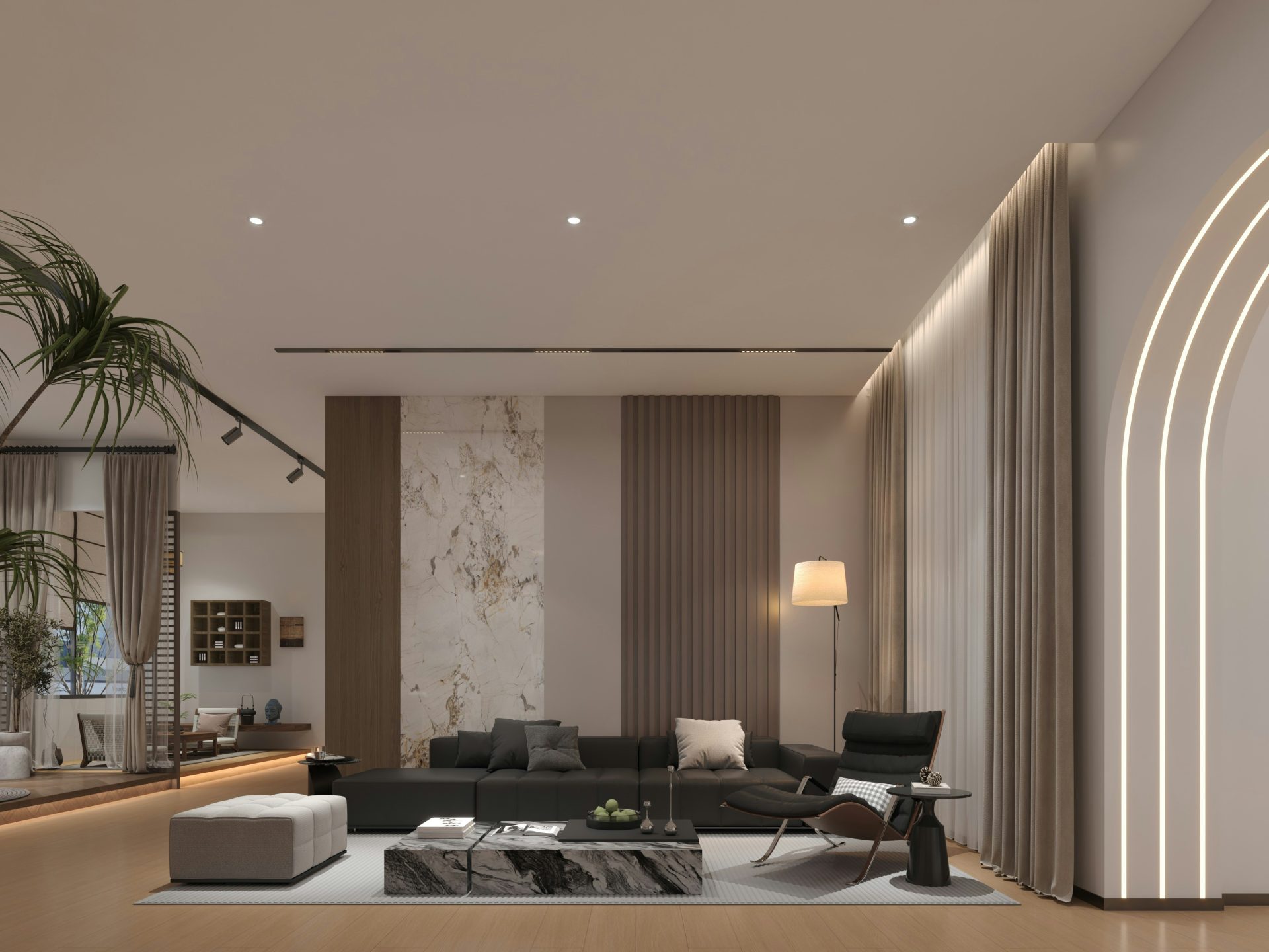 Salón moderno con muebles elegantes e iluminación ambiental.